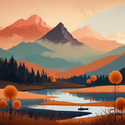 a painting of some mountains and a lake,a painting of a lake in the middle of mountains