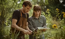 a couple of people that are in the grass