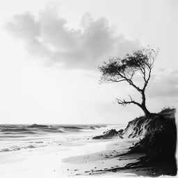 a lone tree is on the beach near the water