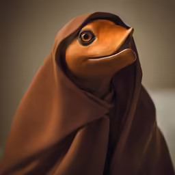 a frog is wrapped up in brown fabric
