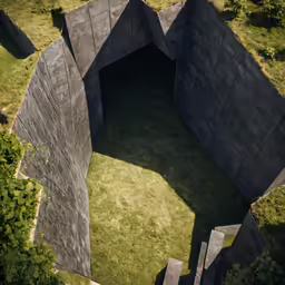 aerial photograph of an abandoned, concrete structure