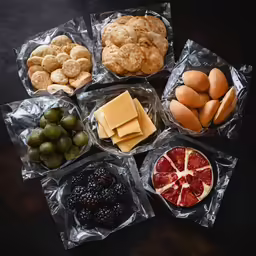 a variety of assorted foods are served in plastic bags