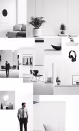 a collage of photographs in white and black and white with a man standing in the center