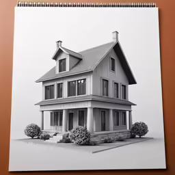 a drawing of a large house sitting on top of a table