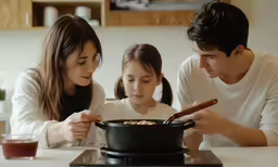 family making oatmeal at home in kitchen