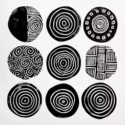 some different designs on paper and in black,eight circles with different shapes in each circle