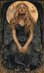 the witch is sitting in front of a full moon