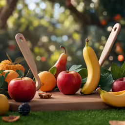 some apples, oranges and bananas on a wooden board