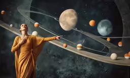 an attractive woman in a yellow dress surrounded by planets
