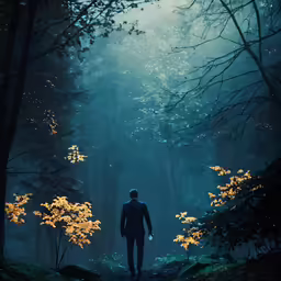 the lone man stands alone in the forest