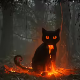 a black cat is sitting near a small fire in the forest