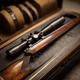 a rifle and other guns are lying on the table