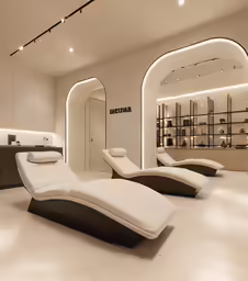 a modern white room with black furniture and a marble floor