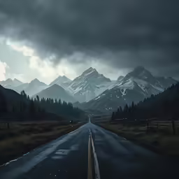 a road that has some mountains in the back ground