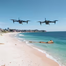two military style guns fly over the water from an empty beach