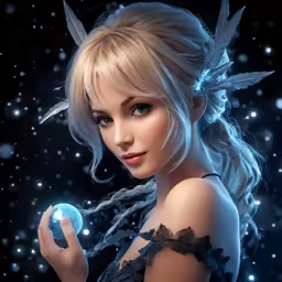 a young woman holding a crystal ball wearing wings