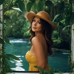 the young woman in yellow is posing at the river