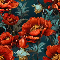 a bunch of red flowers are seen on this colorful background
