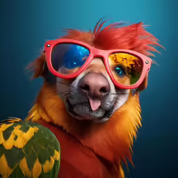 a small dog with bright colored sunglasses on its head