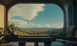 a living room with a round window overlooking a valley