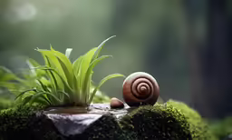 snail in forest with vegetation and water drop
