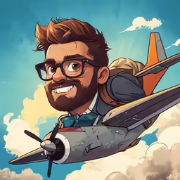 the face of a man with glasses and a beard wearing glasses flying in an airplane