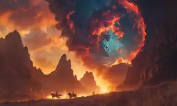 people riding horses in a large mountain area with massive clouds