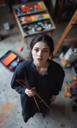 a young woman holding flowers while looking at the camera