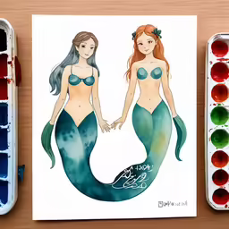 a painting of two girls dressed like a mermaid and holding hands