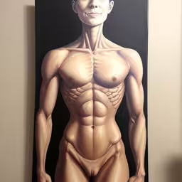 a painting of a male body with no shirt on,there is a painting of an adult man with muscles