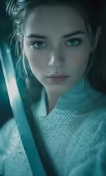 beautiful young girl with sword under bright light