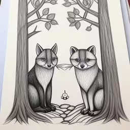 a drawing of two foxes in the woods