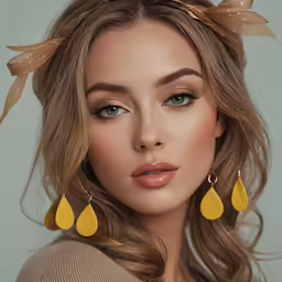a woman with blonde hair wearing earrings and looking into the camera