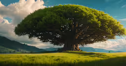 the large tree stands alone in a green field,a large green tree is growing on the hill