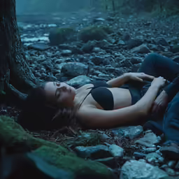 a woman in black bikini lying by a tree on rocks