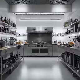 an empty kitchen filled with pots and pans