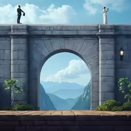 two people that are on top of an arch