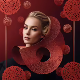 a woman standing behind red decorative decorations