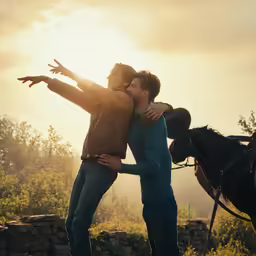 two men embracing each other as they stand with horses