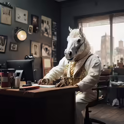 a horse mask sitting in front of a desk