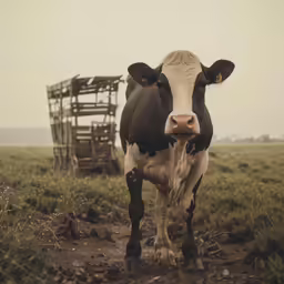 a cow standing in the middle of a grass field