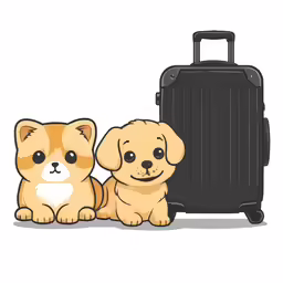 two puppies sitting next to a suitcase