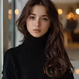 a girl with wavy brown hair is posing