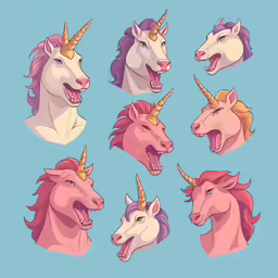 six unicorns in different poses, their mouths open and head turned