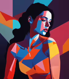 a painting of a woman in front of colorful shapes,the picture is very colorful, but shows the female