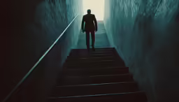 the man is walking down a flight of stairs