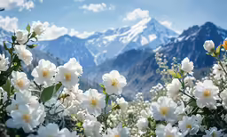 there is a field of white flowers in the middle of a mountain
