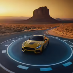 the front end of a yellow sports car driving around a curve in the road