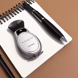 a spiral notebook that has a pen and a comb on top of it