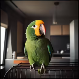 an exotic parrot perched on the edge of a cage